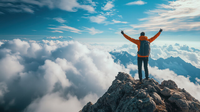 a hiker celebrating on top of a mountain peak with dramatic clouds and blue sky