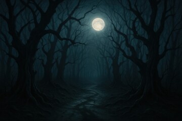 Fototapeta premium Mysterious Dark Forest Path with Twisted Trees and Haunting Moonlight Atmosphere