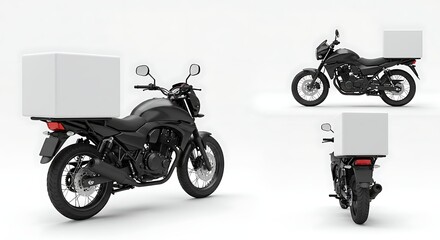 Motorcycle delivery service mockup with a blank cargo box. A 3D render of a courier scooter for logistics and shipping, isolated on white background.