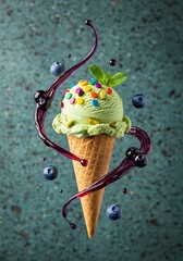Ice Cream Cone Delight with Berry Swirl and Colorful Candies, Pistachio ice cream cone with flying blueberries and flowing blueberry syrup