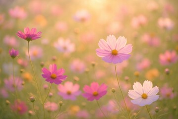 Fototapeta premium Vibrant cosmos flower meadow swaying in gentle summer breeze with golden sunlight