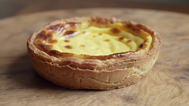 Delicious Custard Tart Featuring Golden Crust and Creamy Filling on a Rustic Wooden Table Displaying Warm Lighting with High Angle View Perfect for Culinary Blogs and Bakery Promotions more than 170