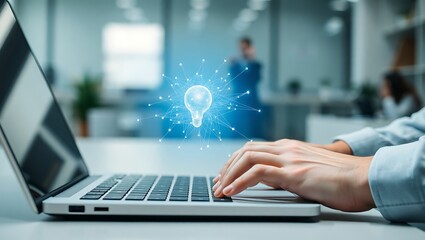 Closeup of a person's hands on a laptop keyboard, with a glowing lightbulb icon symbolizing innovation, creativity, and new business ideas.