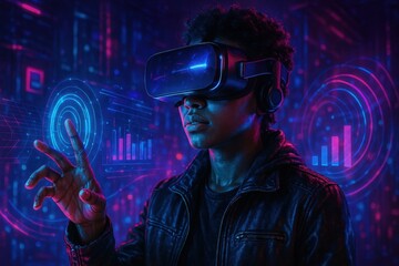 Young woman exploring immersive virtual reality world with neon lighting and futuristic interface