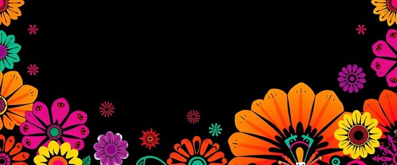 Vibrant papel picado pattern on black background, ideal for Hispanic Heritage Month social media,   background design,  culture