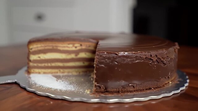 Delicious Dobos Torte on Table Displaying Layers of Sponge Cake and Chocolate Buttercream Topped with Glossy Caramel Glaze on Silver Serving Plate in Professional High Angle Studio Lighting