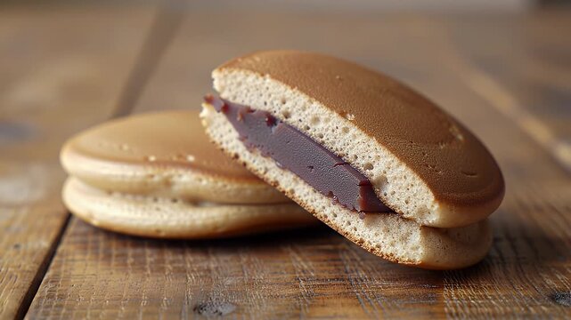 Delicious Dorayaki Pancakes with Red Bean Paste on Rustic Wooden Table A Close Up Still Life of Traditional Japanese Confectionery in Natural Brown and Amber Tones Perfect for Decoration