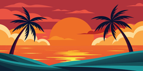 A tropical beach with palm trees silhouetted against a vibrant sunset over the ocean landscape scenery