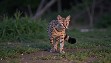 Fototapeta premium A cute wild serval kitten is a small predator in the grass