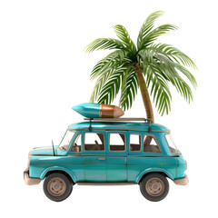 Retro teal SUV, surfboard, palm tree