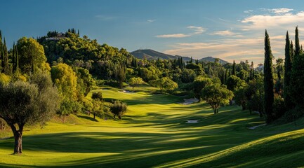 Obraz premium Hillside golf course sunset, Mediterranean landscape, advertising