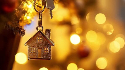 House shaped keychain with keys hanging in front of a blurred background of golden christmas lights - Powered by Adobe