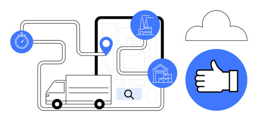 Delivery truck on map with industrial markers, route tracking, stopwatch, thumbs-up, and cloud icon. Ideal for logistics, supply chain, fleet management, efficiency technology transport simple