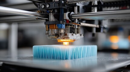 3D printer building musical instrument layer by layer, sound waves displayed above growing object as precision arms form intricate components