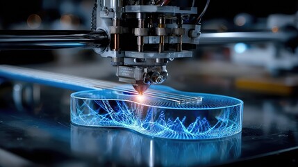 3D printer building musical instrument layer by layer, sound waves displayed above growing object as precision arms form intricate components
