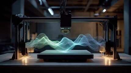3D printer building musical instrument layer by layer, sound waves displayed above growing object as precision arms form intricate components