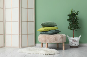 Houseplant and pouf with cushions near folding screen in room