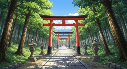 Pixel Art Path Lined with Red Torii Gates Towards Mount Fuji, Japan