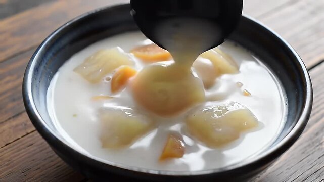 Delicious Ginataang Bilo Bilo with Tapioca Rice Balls Sweet Potatoes and Jackfruit Simmered in Creamy Coconut Milk Displayed in a Dark Blue Bowl on a Rustic Wooden Table Featuring a Side View Perfect