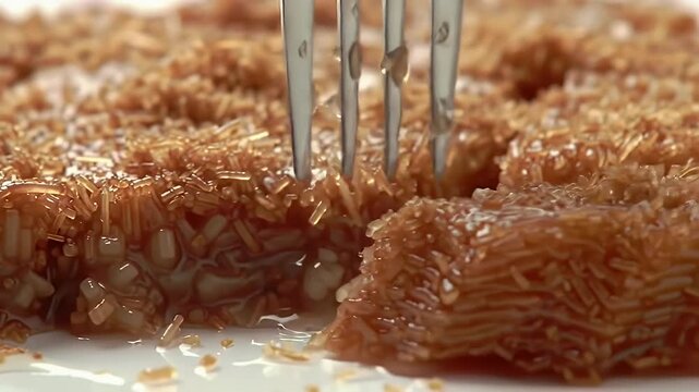 Delicious Golden Basbousa Close Up Aromatic Semolina Cake Soaked in Sweet Syrup Displayed on Clean Table and Gently Cut with a Silver Fork Under Warm Inviting Lights Perfect for Bakery and Pastry