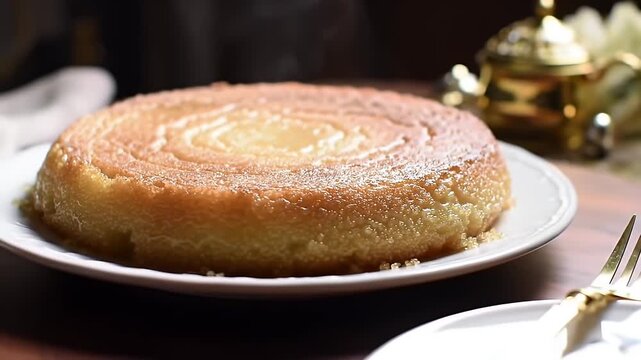 Delicious Golden Basbousa on White Plate Sprinkled with Powdered Sugar Featuring Golden Teapot and Delicate White Flowers in Blurred Background For Bakery Dessert Promotion and Sweet Culinary