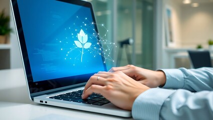 Closeup of a business professional working on a laptop with a digital green sprout icon symbolizing sustainable growth, innovation, and ESG.