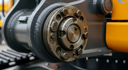 Close-up of Heavy Equipment Joint with Bolts and Greasing Point Showing Mechanical Precision
