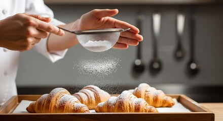 Pastry chef dusting powdered sugar on croissants, artisan bakery styling scene, food photography for culinary editorial and product use
