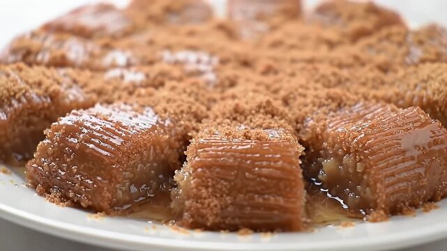 Delicious Golden Brown Basbousa Squares Glistening With Syrup Topped With Ground Nuts On White Plate A Traditional Middle Eastern Sweet Cake Made From Semolina This is Perfect For Bakery Promotions