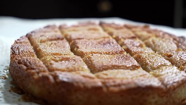Delicious Golden Brown Basbousa Cake Drizzled with Sweet Syrup Displayed on Decorative Paper Doily Perfect for Bakery Promotion A Middle Eastern Dessert Made From Semolina Soaked in Syrup High Angle