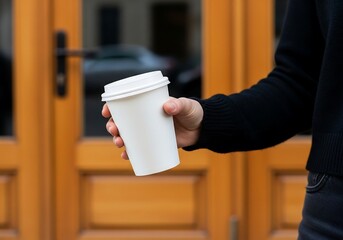 White paper coffee cup held at hip level by hand in black sweater with wooden café background and natural light shadows