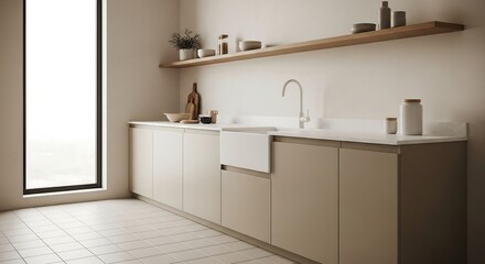 Champagne beige kitchen wall with white quartz surface, oak shelf, and daylight-lit Japandi compact design interior for editorial visual style