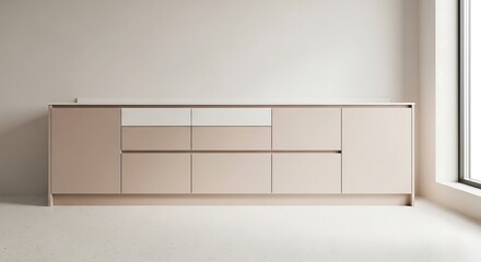Pale clay minimalist kitchen base with handleless drawers and terrazzo floor in a narrow light-filled neutral space