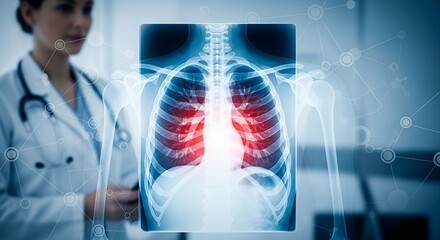 Medical Professional Analyzing Chest X-ray Showing Lungs with Red Highlight in Modern Clinic
