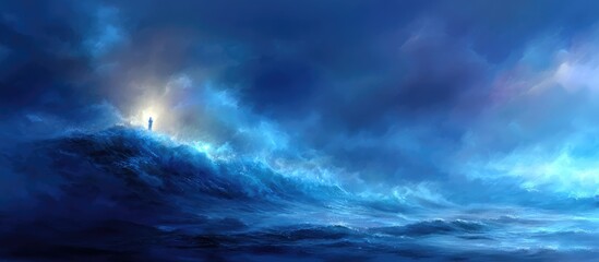 Naklejka premium Solitary figure on a cloud-shrouded peak, bathed in ethereal light