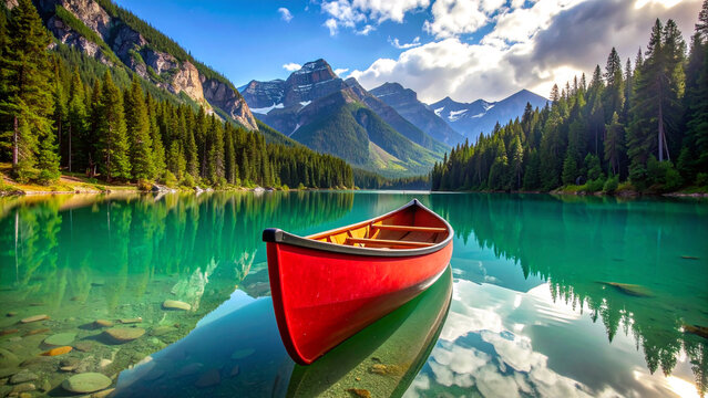 A vibrant red canoe gently floating on a calm, emerald-green alpine lake, with majestic mountains and dense forests in the background.