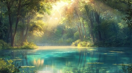 Fototapeta premium Sunlight streams into tranquil forest reflecting on still river