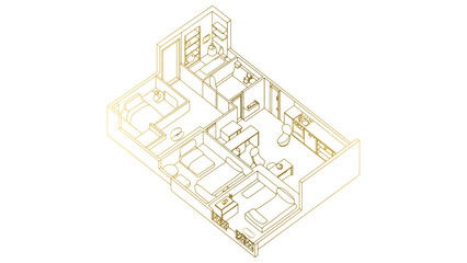 Detailed Isometric Floor Plan in Gold Outline for Architectural and Interior Designs
