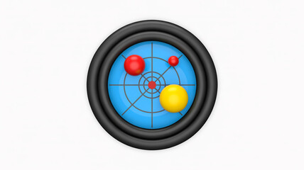 A 3D rendered circular radar display with a black rubberized frame. The center contains a bright blue circular background with concentric gray lines forming a target pattern.