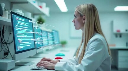 Scientist analyzing complex data code on computer in modern laboratory - Powered by Adobe