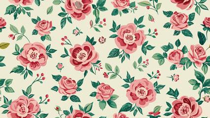 Seamless retro background with roses green leaves on light background