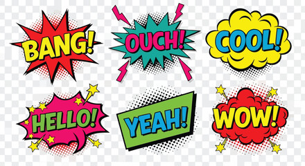 Comic book speech bubbles with words Bang Ouch Cool Hello Yeah Wow sound effect explosion