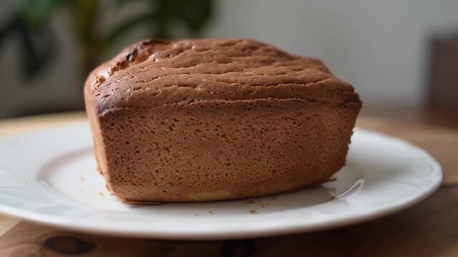 Delicious Golden Brown Panque on a White Plate Close Up Presentation with Soft Blur Background and Natural Light Perfect for Culinary-themed Promotional Videos Bakery and Pastry Shop Marketing
