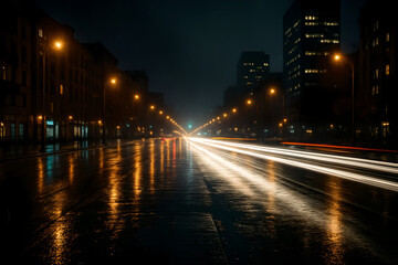 Photo of night traffic on a wet road after rain in a big city with a high shutter speed, which caused the effect of blurred headlights.
