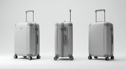 A sleek, minimalist set of white travel luggage. Three hard-shell spinner suitcases isolated on a clean studio background for a modern journey concept.