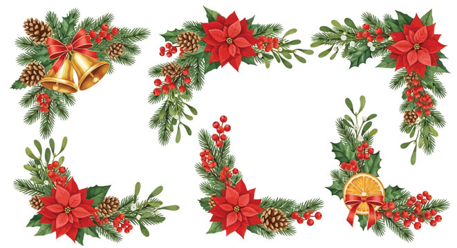Festive christmas floral arrangements with pine cones holly berries poinsettias and bells vector