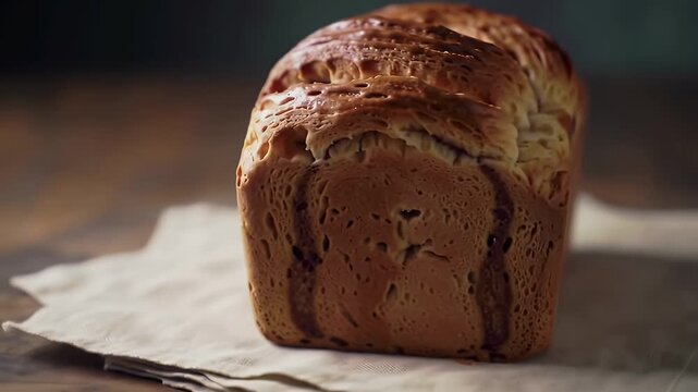 Delicious Golden Brown Pulla Bread Resting on Linen Cloth with Intricate Braided Top on Wooden Table for Warm and Inviting Atmosphere Perfect for Bakery and Pastry Promotions Showcasing Homemade