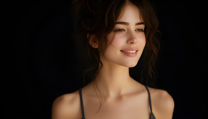 "Natural beauty portrait of a smiling young woman with soft curly hair in a messy bun, glowing skin, and minimal makeup, set against a dark studio background."