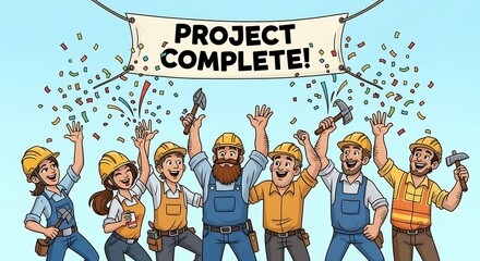 Cartoon construction workers celebrating project completion with confetti in the air, symbolising