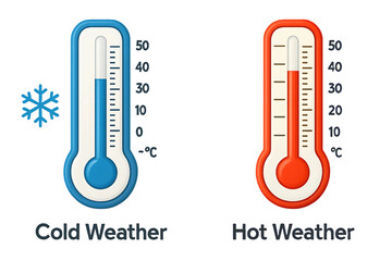 Hot and cold meteorology thermometers on background